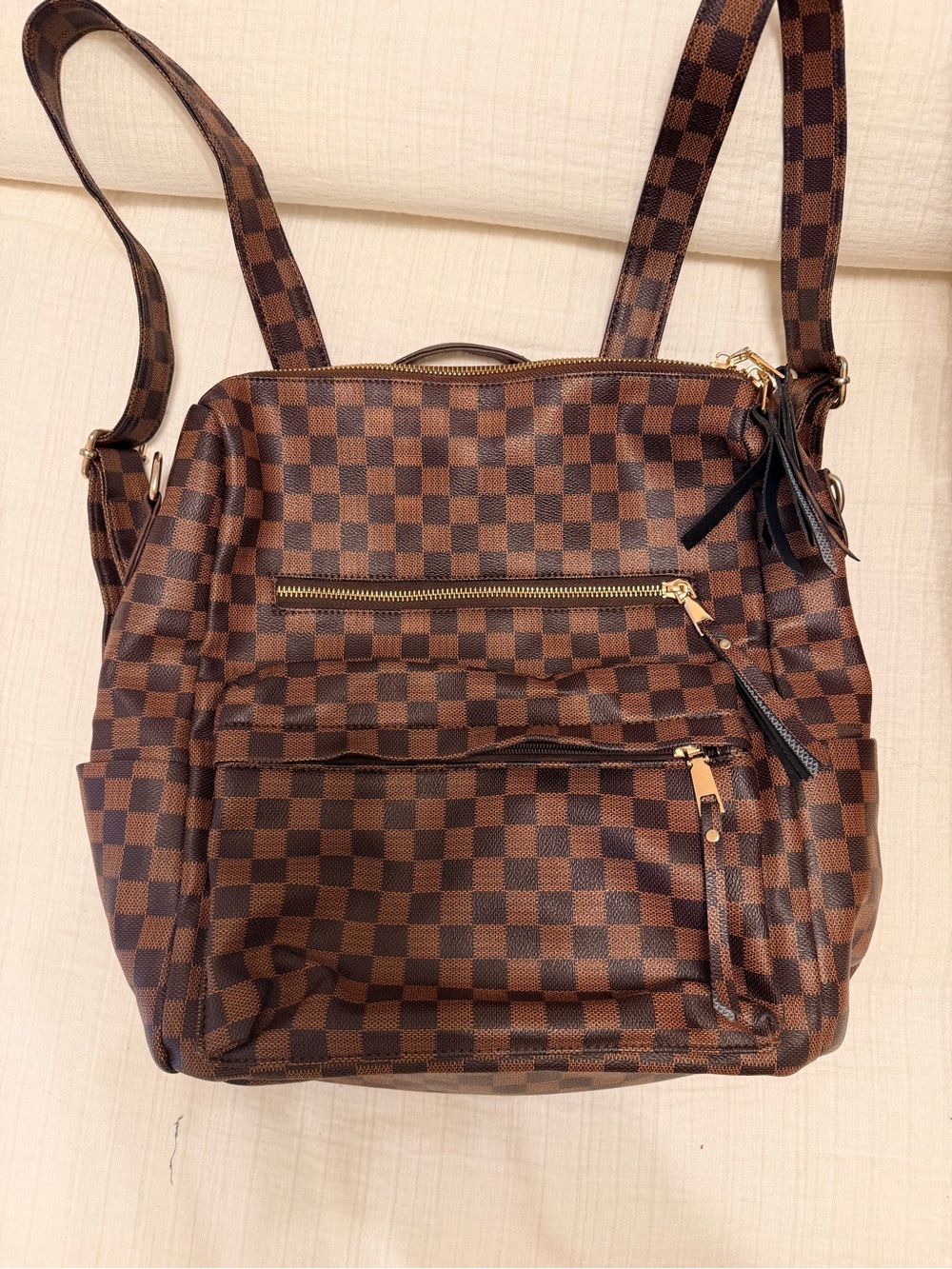 Designer Inspired Brown Checkerboard Convertible Backpack Tote